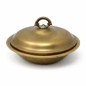 Vintage Brass Round Covered Serving Dish Ornate Handle Beaded Rim Patina 10.5 in